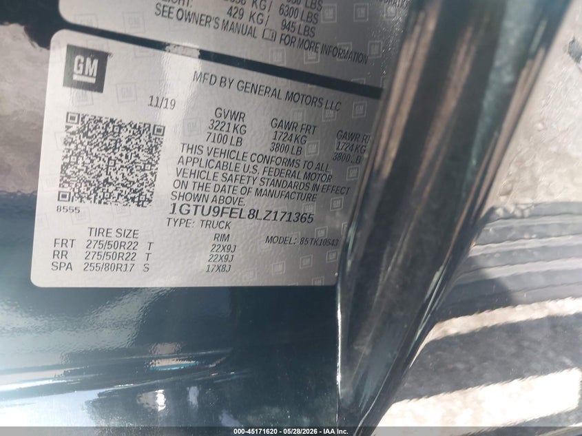 2020 Gmc SIERRA VIN 1GTU9FEL8LZ171365 IAAI salvage auction — FRONT END, Salvage Title, sold $13,500 on 2026-07-27 (photo 9)