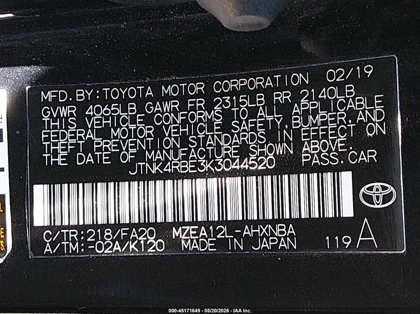 2019 Toyota Corolla VIN JTNK4RBE3K3044520 IAAI salvage auction — FRONT END, Salvage (California), sold $2,950 on 2026-07-13 (photo 9)