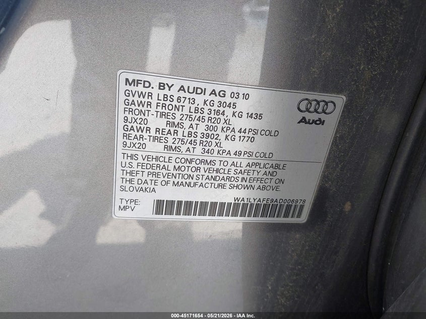 2010 Audi Q7 VIN WA1LYAFE9AD006978 IAAI salvage auction — FRONT END, Salvage (Illinois), sold $550 on 2026-07-07 (photo 9)