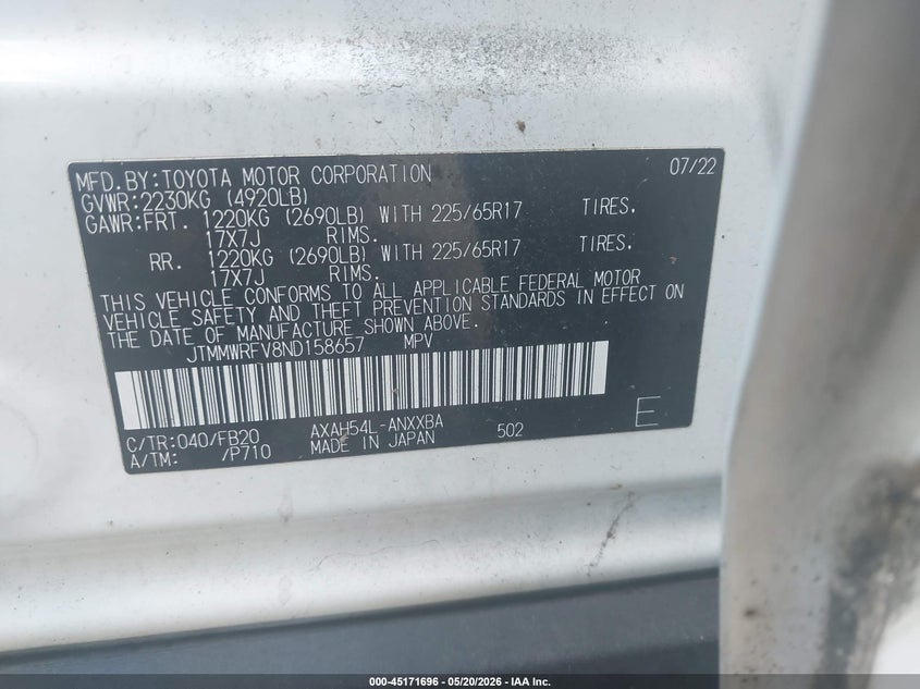 2022 Toyota Rav 4 VIN JTMMWRFV8ND158657 IAAI salvage auction — LEFT SIDE, Salvage (North Carolina), sold $7,450 on 2026-07-30 (photo 9)