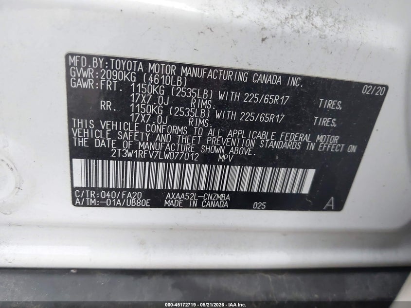 2020 Toyota Rav 4 VIN 2T3W1RFV7LW077012 IAAI salvage auction — LEFT FRONT, Original (Texas), sold $7,500 on 2026-07-30 (photo 9)