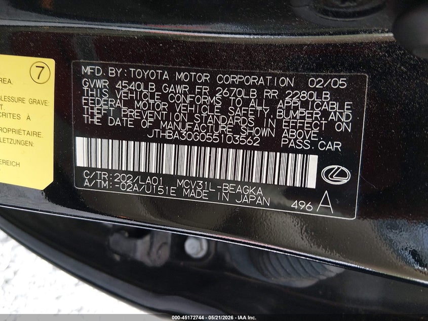 2005 Lexus ES VIN JTHBA30G055103562 IAAI salvage auction — RIGHT REAR, Salvage (Alabama), sold $400 on 2026-07-16 (photo 9)
