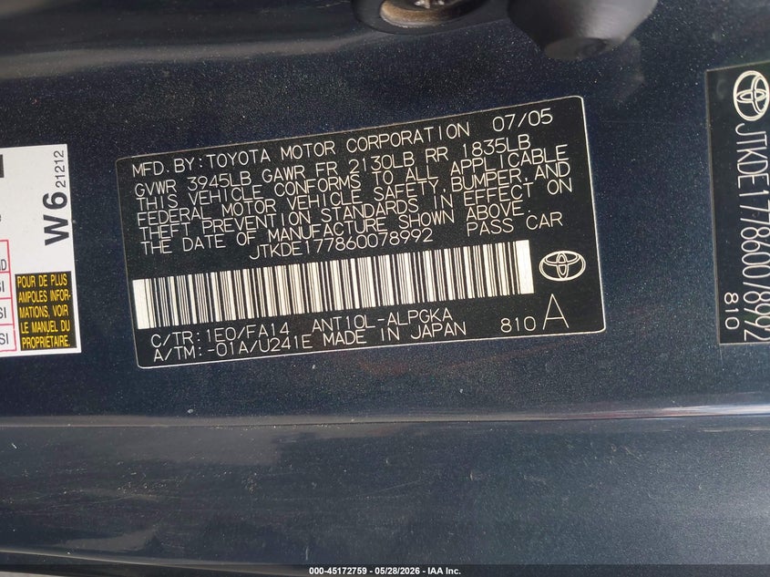 2006 Scion Tc VIN JTKDE177860078992 IAAI salvage auction — SIDE, Salvage (California), sold $400 on 2026-07-14 (photo 9)