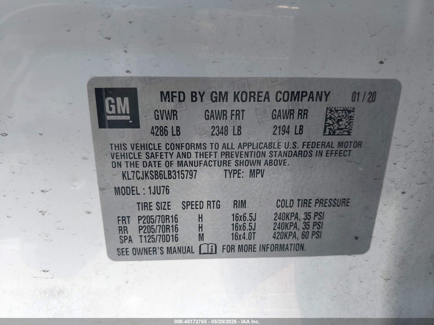 2020 Chevrolet Trax VIN KL7CJKSB6LB315797 IAAI salvage auction — LEFT & RIGHT, Salvage (Arizona), sold $2,000 on 2026-07-07 (photo 9)