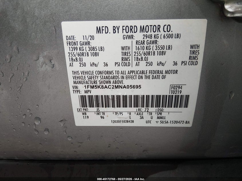 2021 Ford VIN 1FM5K8AC2MNA05695 IAAI salvage auction — LEFT FRONT, Salvage (Nevada), sold $650 on 2026-07-24 (photo 9)