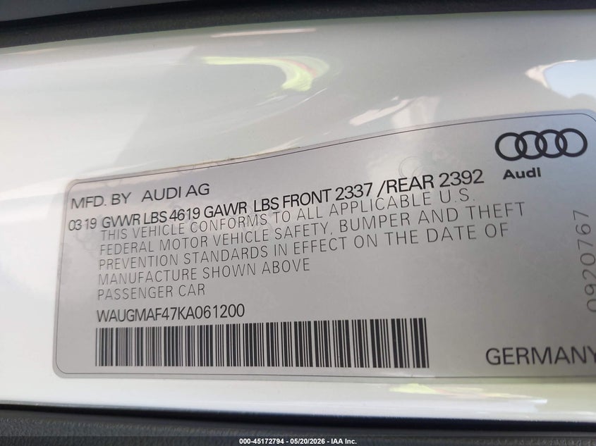 2019 Audi A4 VIN WAUGMAF47KA061200 IAAI salvage auction — REAR END, Salvage (California), sold $2,750 on 2026-07-29 (photo 9)