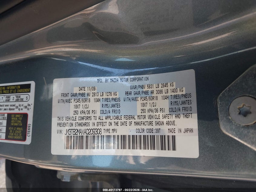 2010 Mazda Cx-9 VIN JM3TB2MAXA0209308 IAAI salvage auction — FRONT END, Original (Texas), sold $475 on 2026-07-15 (photo 9)