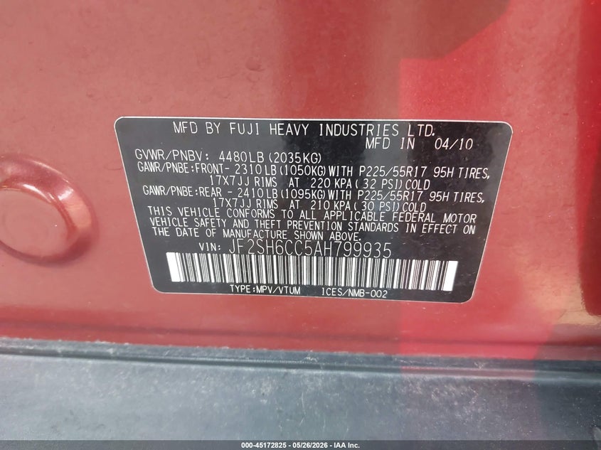 2010 Subaru Forester VIN JF2SH6CC5AH799935 IAAI salvage auction — REAR END, Salvage (Texas), sold $925 on 2026-07-21 (photo 9)