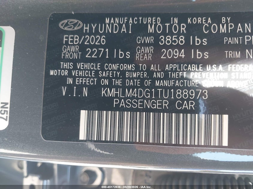 2026 Hyundai Elantra VIN KMHLM4DG1TU188973 IAAI salvage auction — REAR END, Salvage (Georgia), sold $3,850 on 2026-07-13 (photo 9)