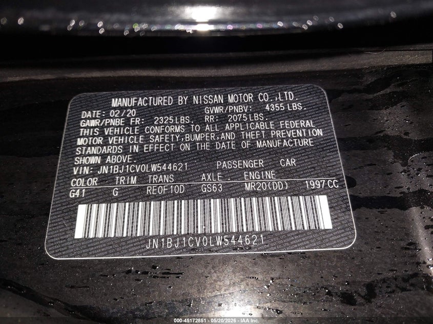 2020 Nissan Rogue VIN JN1BJ1CV0LW544621 IAAI salvage auction — RIGHT FRONT, Salvage (Texas), sold $3,450 on 2026-07-22 (photo 9)