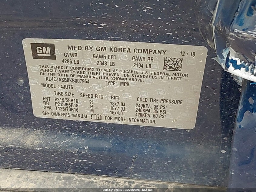 2019 Buick Encore VIN KL4CJASB8KB807964 IAAI salvage auction — LEFT REAR, Salvage (Texas), sold $1,750 on 2026-07-15 (photo 9)