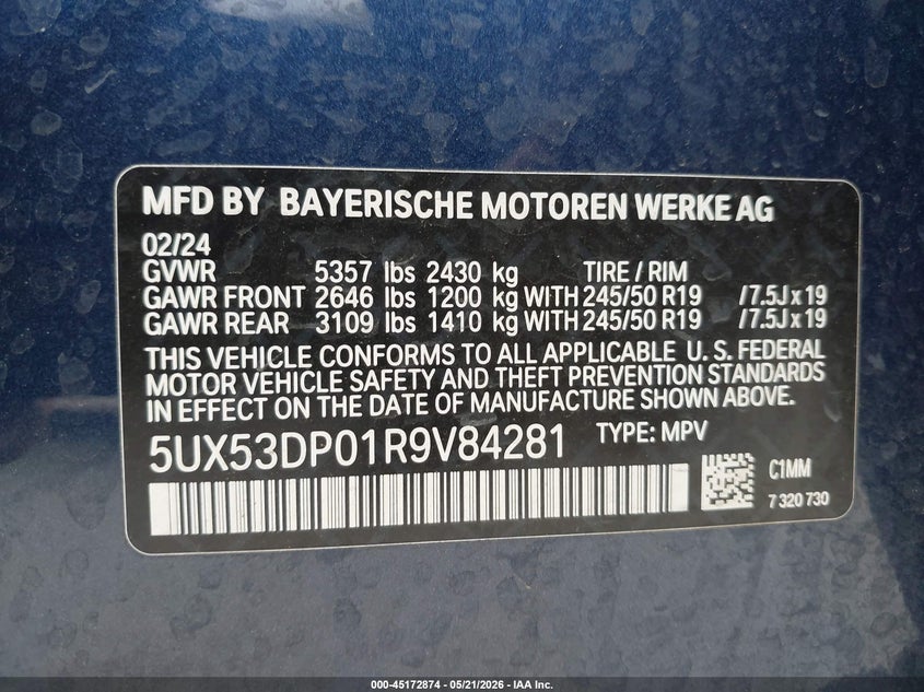 2024 BMW X3 VIN 5UX53DP01R9V84281 IAAI salvage auction — HAIL, Clear (Missouri), sold $16,700 on 2026-07-27 (photo 9)