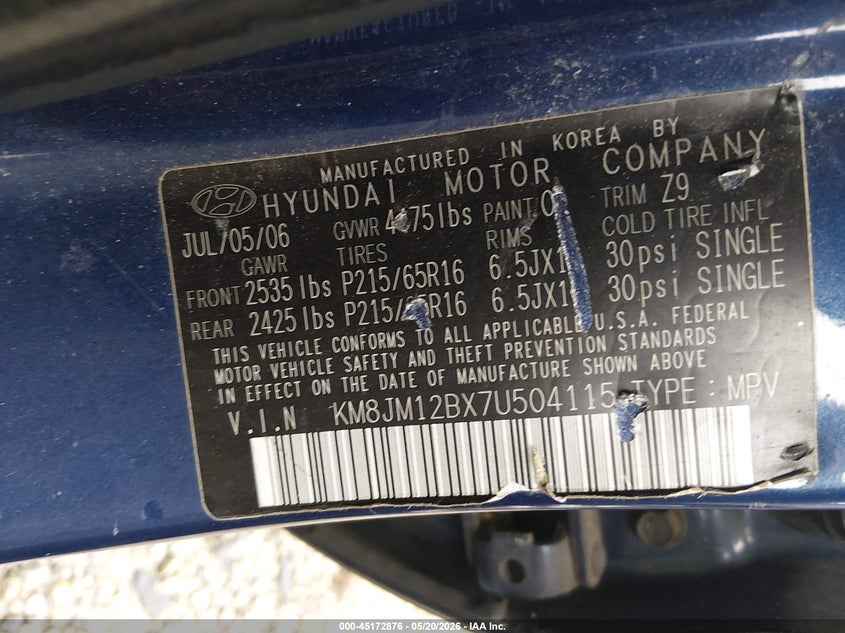 2007 Hyundai Tucson VIN KM8JM12BX7U504115 IAAI salvage auction — NORMAL WEAR, Original (Ohio), sold $125 on 2026-07-21 (photo 9)