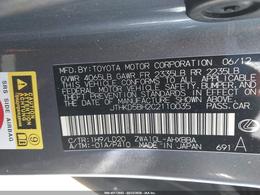 2012 Lexus Ct VIN JTHKD5BH2C2110035 IAAI salvage auction — LEFT & RIGHT, Salvage (California), sold $725 on 2026-07-07 (photo 9)