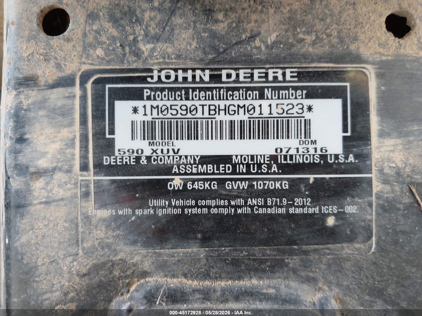 2016 John deere Gator VIN 1M0590TBHGM011523 IAAI salvage auction — FRAME DAMAGE, Bill Of Sale (Vermont), sold $2,200 on 2026-09-22 (photo 9)