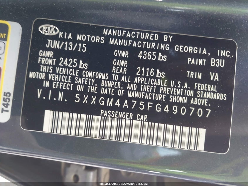 2015 Kia Optima VIN 5XXGM4A75FG490707 IAAI salvage auction — FRONT & REAR, Salvage (Mississippi), sold $500 on 2026-07-14 (photo 9)