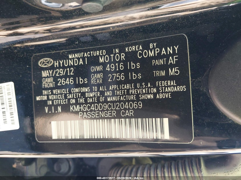 2012 Hyundai Genesis VIN KMHGC4DD9CU204069 IAAI salvage auction — ALL OVER, Salvage Title, sold $25 on 2026-07-29 (photo 9)