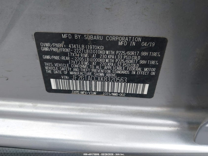 2019 Subaru Xv VIN JF2GTACCXK8320563 IAAI salvage auction — RIGHT SIDE, Salvage Title, sold $3,000 on 2026-07-31 (photo 9)