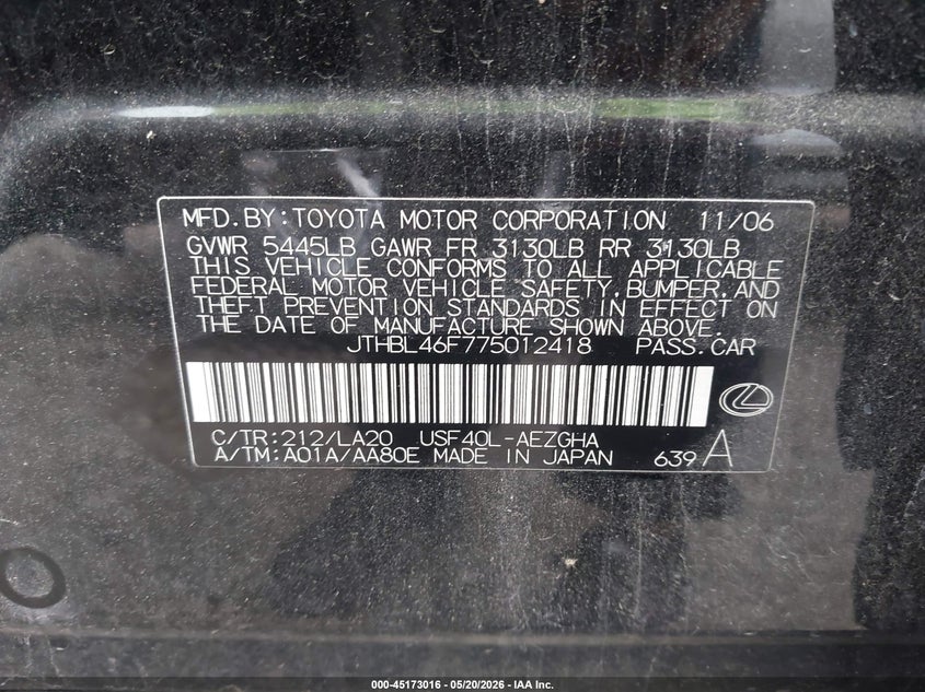 2007 Lexus Ls 460 VIN JTHBL46F775012418 IAAI salvage auction — NORMAL WEAR, Clear (Missouri), sold $650 on 2026-07-27 (photo 9)