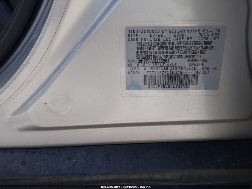 2020 Nissan Kicks VIN 3N1CP5BV0LL532986 IAAI salvage auction — NORMAL WEAR, Sf97 (Washington), sold $11,650 on 2026-07-09 (photo 9)