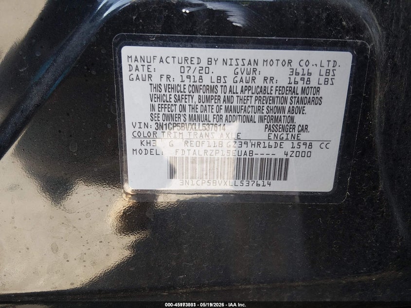 2020 Nissan Kicks VIN 3N1CP5BVXLL537614 IAAI salvage auction — NORMAL WEAR, Sf97 (Washington), sold $8,925 on 2026-07-09 (photo 9)