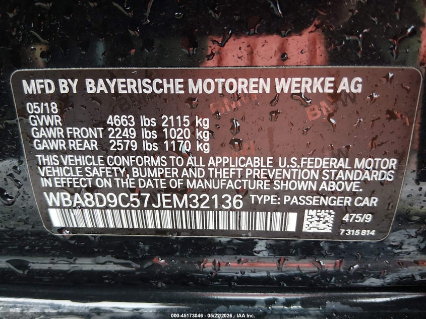 2018 BMW 3er VIN WBA8D9C57JEM32136 IAAI salvage auction — RIGHT FRONT, Clear (Oklahoma), sold $5,600 on 2026-07-28 (photo 9)