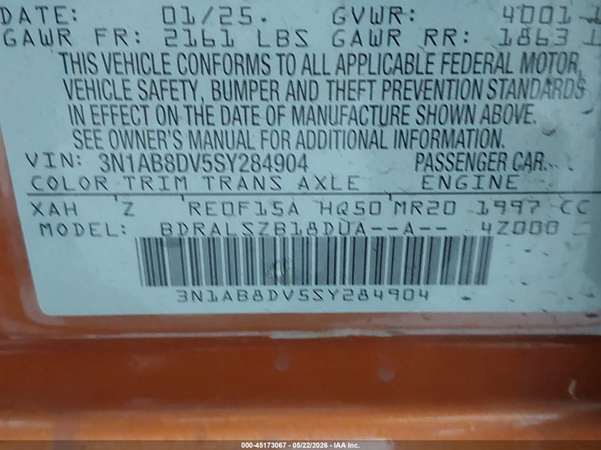 2025 Nissan Sentra VIN 3N1AB8DV5SY284904 IAAI salvage auction — HAIL, Original (Texas), sold $8,800 on 2026-07-29 (photo 9)