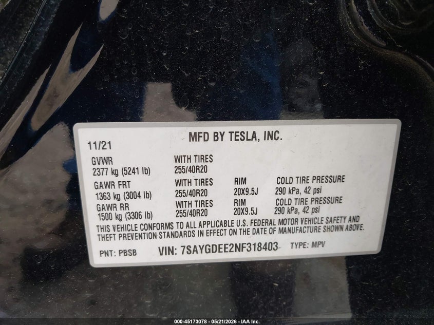 2022 Tesla Model y VIN 7SAYGDEE2NF318403 IAAI salvage auction — REAR END, Salvage Title, sold $8,600 on 2026-07-24 (photo 9)