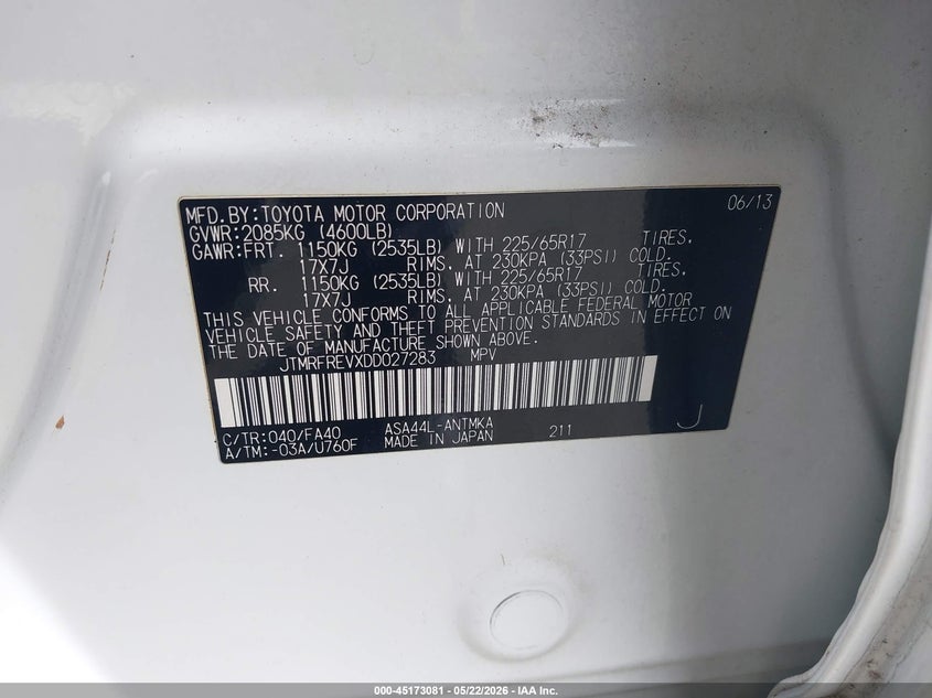2013 Toyota Rav 4 VIN JTMRFREVXDD027283 IAAI salvage auction — FRONT END, Salvage (Connecticut), sold $4,650 on 2026-07-09 (photo 9)