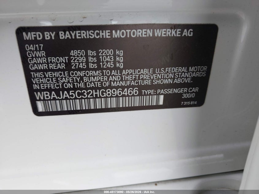 2017 BMW 5er VIN WBAJA5C32HG896466 IAAI salvage auction — REAR END, Salvage (California), sold $9,500 on 2026-07-16 (photo 9)