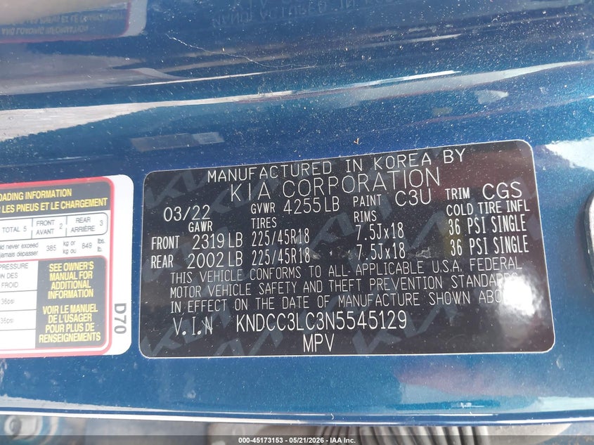 2022 Kia Niro VIN KNDCC3LC3N5545129 IAAI salvage auction — ROLLOVER, Salvage (Missouri), sold $350 on 2026-07-06 (photo 9)