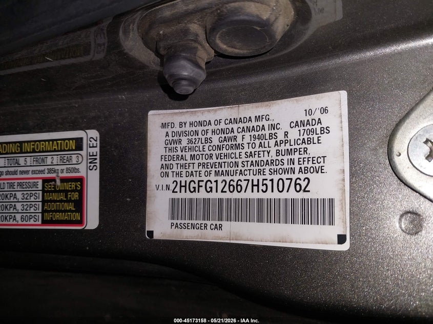 2007 Honda Civic VIN 2HGFG12667H510762 IAAI salvage auction — FRONT END, Salvage (Oregon), sold $225 on 2026-07-09 (photo 9)