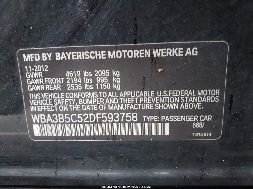 2013 BMW 3er VIN WBA3B5C52DF593758 IAAI salvage auction — EXTERIOR BURN, Wait Title, sold $500 on 2026-08-20 (photo 9)