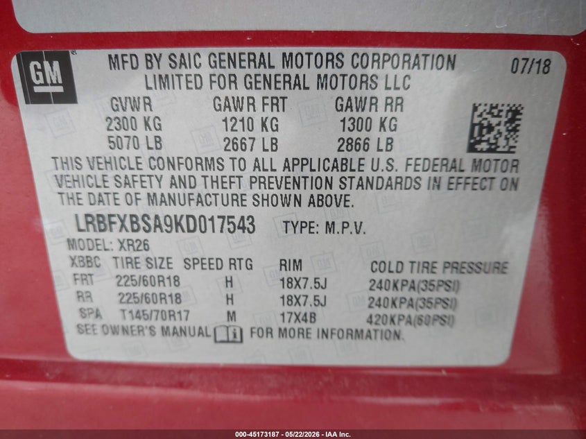 2019 Buick Envision VIN LRBFXBSA9KD017543 IAAI salvage auction — UNKNOWN, Salvage (Illinois), sold $2,325 on 2026-07-18 (photo 9)