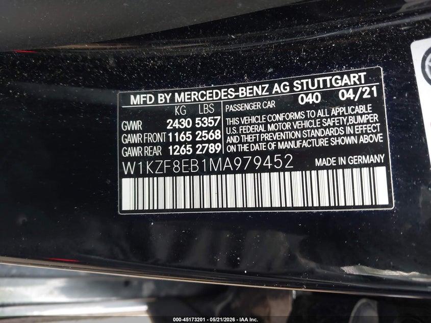 2021 Mercedes-benz E-klasse VIN W1KZF8EB1MA979452 IAAI salvage auction — LEFT FRONT, Wait Title, sold $13,700 on 2026-08-30 (photo 9)