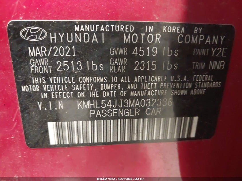 2021 Hyundai Sonata VIN KMHL54JJ3MA032336 IAAI salvage auction — FRONT END, Salvage Title, sold $4,950 on 2026-08-01 (photo 9)
