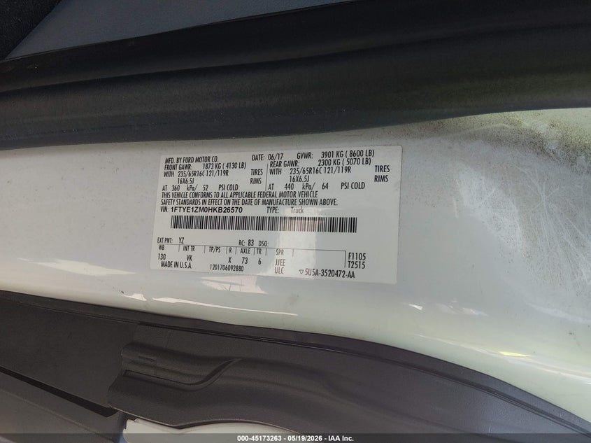 2017 Ford Transit 150 VIN 1FTYE1ZM0HKB26570 IAAI salvage auction — NORMAL WEAR, Sf97 (South Carolina), sold $23,775 on 2026-07-16 (photo 9)