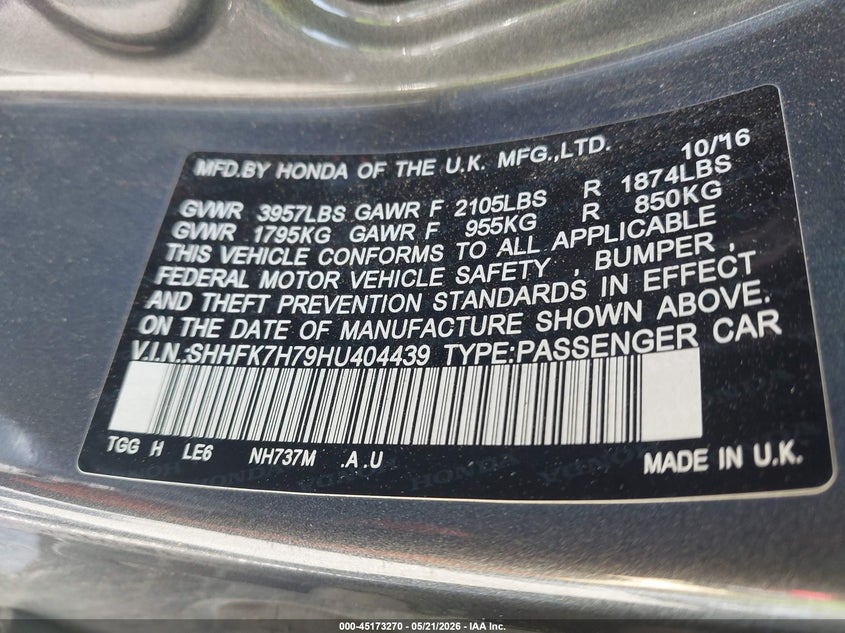 2017 Honda Civic VIN SHHFK7H79HU404439 IAAI salvage auction — FRONT END, Salvage (California), sold $2,750 on 2026-07-21 (photo 9)