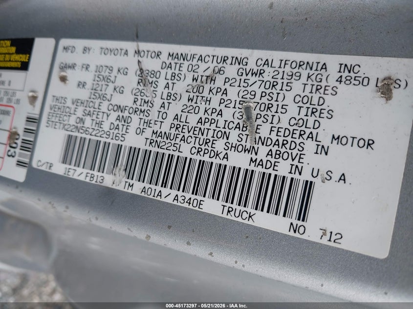 2006 Toyota Tacoma VIN 5TETX22N56Z229165 IAAI salvage auction — SIDE, Salvage (Georgia), sold $2,200 on 2026-07-16 (photo 9)