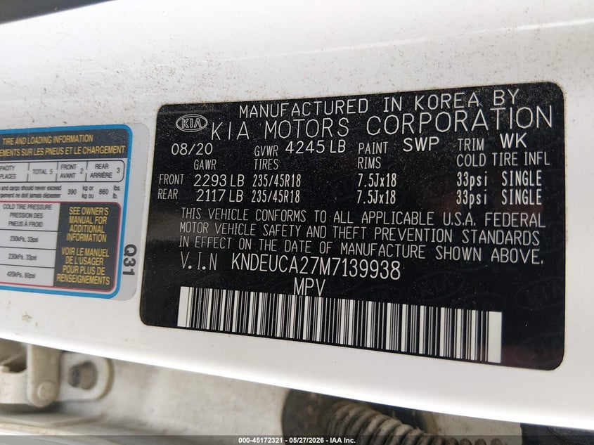 2021 Kia Seltos VIN KNDEUCA27M7139938 IAAI salvage auction — FRONT END, Salvage (North Carolina), sold $3,150 on 2026-07-22 (photo 9)