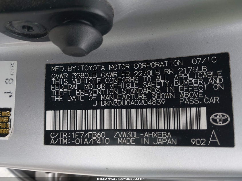 2010 Toyota Prius VIN JTDKN3DU0A0204839 IAAI salvage auction — LEFT SIDE, Salvage (Georgia), sold $775 on 2026-07-28 (photo 9)