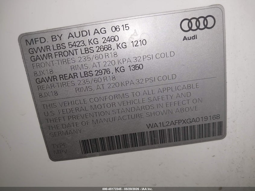 2016 Audi Q5 VIN WA1L2AFPXGA019168 IAAI salvage auction — FRONT END, Salvage (Arizona), sold $425 on 2026-07-21 (photo 9)