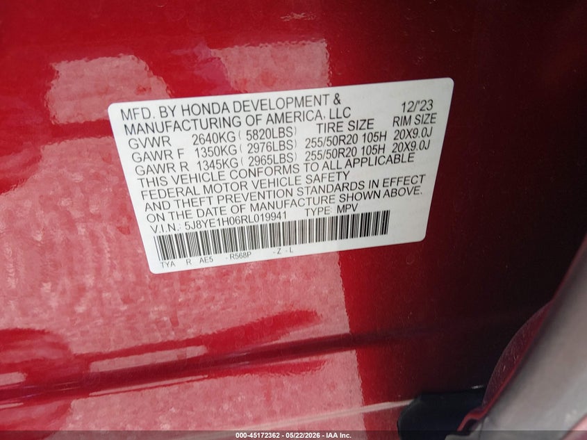 2024 Acura Mdx VIN 5J8YE1H06RL019941 IAAI salvage auction — REAR END, Salvage Title, sold $18,850 on 2026-08-25 (photo 9)
