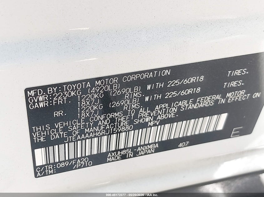 2024 Toyota Venza VIN JTEAAAAH6RJ159880 IAAI salvage auction — LEFT SIDE, Salvage (California), sold $9,550 on 2026-07-08 (photo 9)