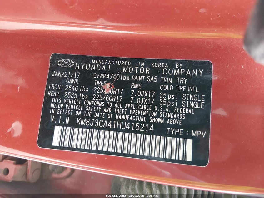 2017 Hyundai Tucson VIN KM8J3CA41HU415214 IAAI salvage auction — REAR END, Salvage (New Hampshire), sold $2,050 on 2026-07-22 (photo 9)