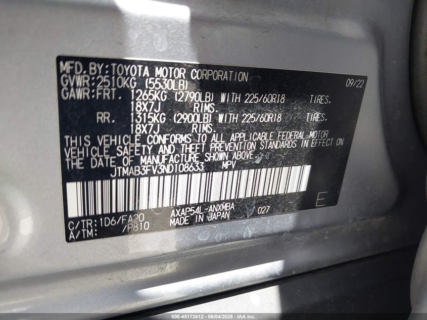 2022 Toyota Rav 4 VIN JTMAB3FV3ND108633 IAAI salvage auction — FRONT END, Salvage Title, sold $27,050 on 2026-07-22 (photo 9)