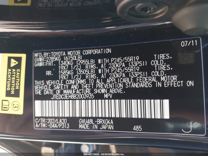 2011 Toyota Highlander hybrid VIN JTEDC3EH8B2003935 IAAI salvage auction — NORMAL WEAR, Clear (Maryland), sold $2,000 on 2026-07-22 (photo 9)