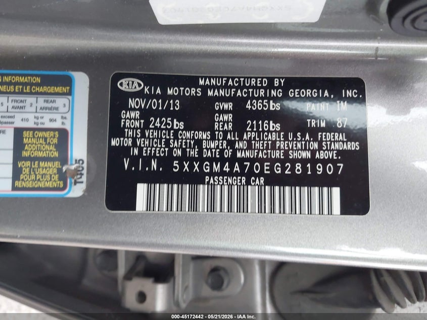 2014 Kia Optima VIN 5XXGM4A70EG281907 IAAI salvage auction — LEFT REAR, Original (Texas), sold $800 on 2026-07-29 (photo 9)