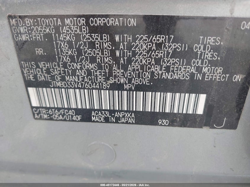 2007 Toyota Rav 4 VIN JTMBD33V476044189 IAAI salvage auction — SIDE, Salvage (North Carolina), sold $850 on 2026-07-26 (photo 9)