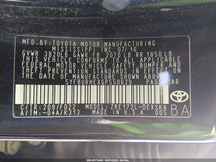 2016 Toyota Corolla VIN 5YFBURHEXGP550629 IAAI salvage auction — REAR END, Salvage (South Carolina), sold $2,250 on 2026-07-22 (photo 9)
